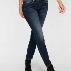 Am billigsten ⭐ MAC Slim-fit-Jeans »Rich-Slim-Glam Riovet« Push-Up-Effekt durch besondere Nahtführung Dark blue authentic used, Dark night grey wash 👍